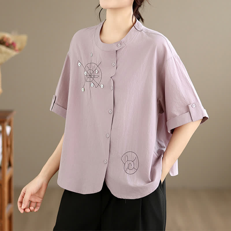 Buddha Stones Sommerliches, lässiges, minimalistisches Kurzarmhemd mit Schneckenstickerei, Knopfleiste und geometrischem Muster für Damen - Distel - US8-10, UK/AU12-14, EU40-42 (2XL) - image 0