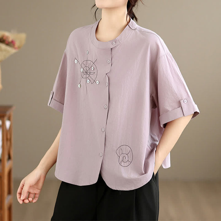 Buddha Stones Sommerliches, lässiges, minimalistisches Kurzarmhemd mit Schneckenstickerei, Knopfleiste und geometrischem Muster für Damen - Distel - US8-10, UK/AU12-14, EU40-42 (2XL) - image 0