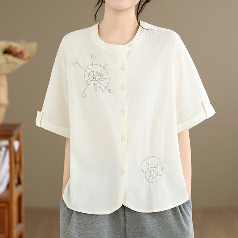 Buddha Stones Sommerliches, lässiges, minimalistisches Kurzarmhemd mit Schneckenstickerei, Knopfleiste und geometrischem Muster für Damen - Antikweiß - US8-10, UK/AU12-14, EU40-42 (2XL) - image 16