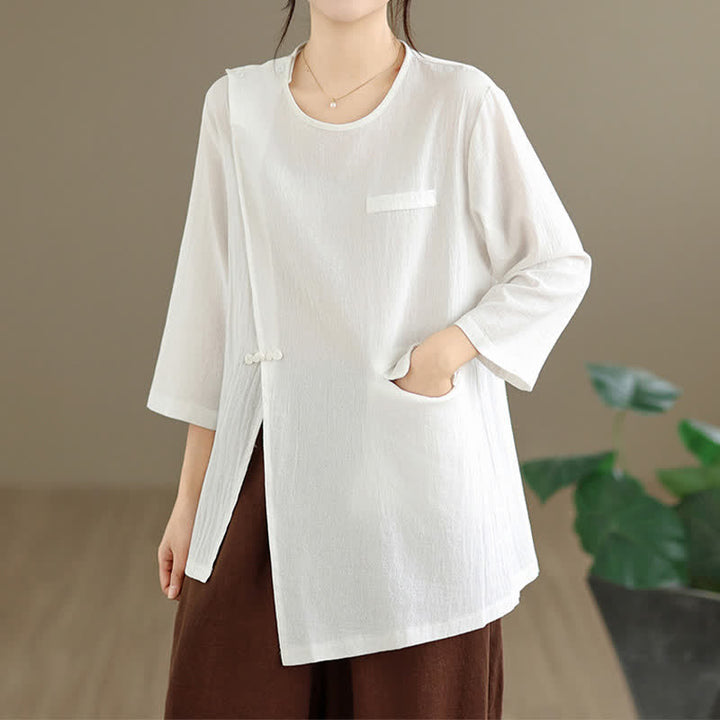 Buddha Stones Sommerliches Tang Style Pankou Langarm-T-Shirt mit Seitenschlitz und Rundhalsausschnitt für Damen mit Tasche - image 5