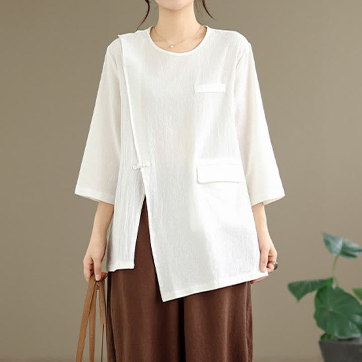 Buddha Stones Sommerliches Tang Style Pankou Langarm-T-Shirt mit Seitenschlitz und Rundhalsausschnitt für Damen mit Tasche - image 2