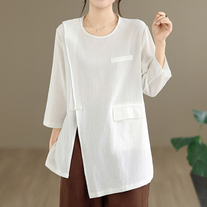 Buddha Stones Sommerliches Tang Style Pankou Langarm-T-Shirt mit Seitenschlitz und Rundhalsausschnitt für Damen mit Tasche - Weiß - US12, UK/AU16, EU44 (3XL) - image 0