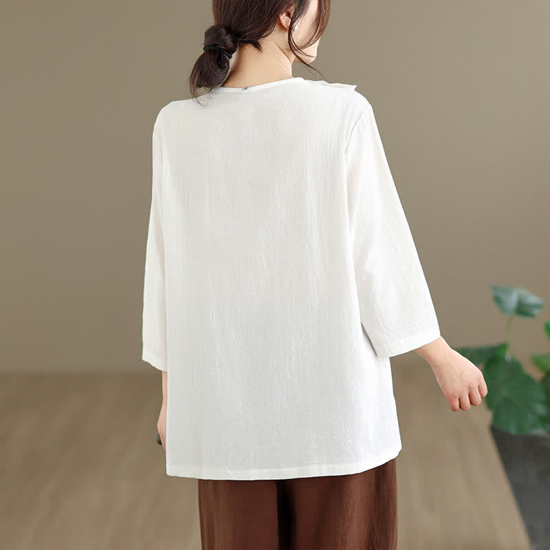Buddha Stones Sommerliches Tang Style Pankou Langarm-T-Shirt mit Seitenschlitz und Rundhalsausschnitt für Damen mit Tasche - image 4