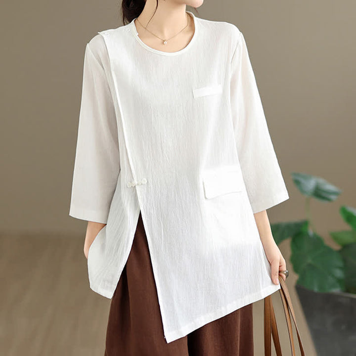 Buddha Stones Sommerliches Tang Style Pankou Langarm-T-Shirt mit Seitenschlitz und Rundhalsausschnitt für Damen mit Tasche - image 1