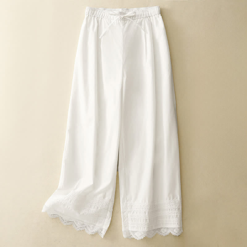 Buddha Stones Elegante, lässige Sommerhose mit Kordelzug, einfarbigem Saum und Spitzenbesatz, Knöchellänge, Damenhose mit weitem Bein - Weiß - US8-10, UK/AU12-14, EU40-42 (2XL) - image 10