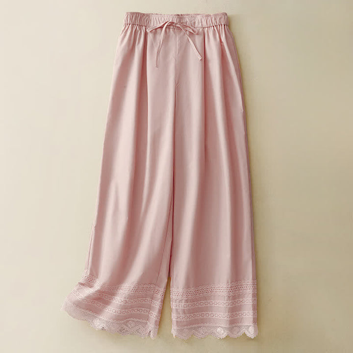 Buddha Stones Elegante, lässige Sommerhose mit Kordelzug, einfarbigem Saum und Spitzenbesatz, Knöchellänge, Damenhose mit weitem Bein - Hellrosa - US8-10, UK/AU12-14, EU40-42 (2XL) - image 0