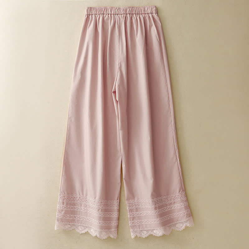 Buddha Stones Elegante, lässige Sommerhose mit Kordelzug, einfarbigem Saum und Spitzenbesatz, Knöchellänge, Damenhose mit weitem Bein - image 1