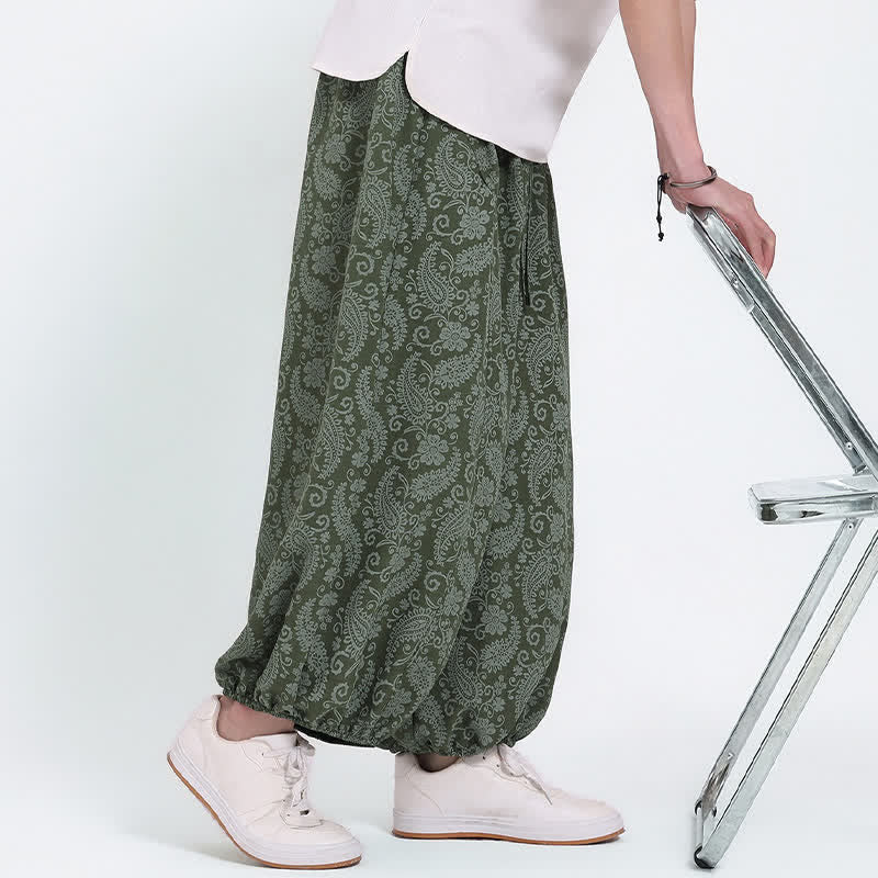 Buddha Stones Sommerliche Boho-Caprihose mit Kordelzug und Paisley-Muster, Herren-Haremshose mit Tasche - image 4