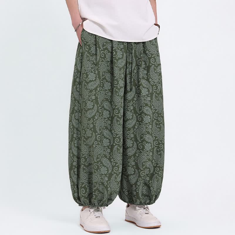 Buddha Stones Sommerliche Boho-Caprihose mit Kordelzug und Paisley-Muster, Herren-Haremshose mit Tasche - image 1