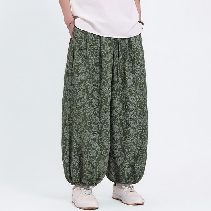 Buddha Stones Sommerliche Boho-Caprihose mit Kordelzug und Paisley-Muster, Herren-Haremshose mit Tasche - image 1