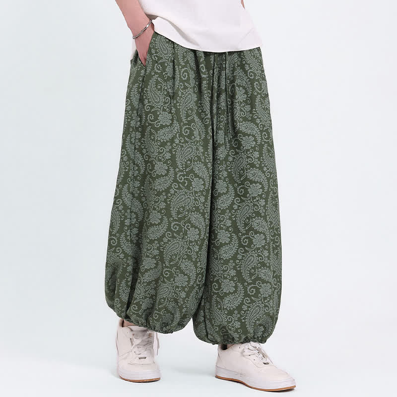Buddha Stones Sommerliche Boho-Caprihose mit Kordelzug und Paisley-Muster, Herren-Haremshose mit Tasche - Olivgrün - US/UK/AU46, EU56 (5XL) - image 0