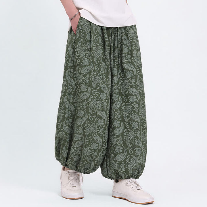Buddha Stones Sommerliche Boho-Caprihose mit Kordelzug und Paisley-Muster, Herren-Haremshose mit Tasche - Olivgrün - US/UK/AU46, EU56 (5XL) - image 0
