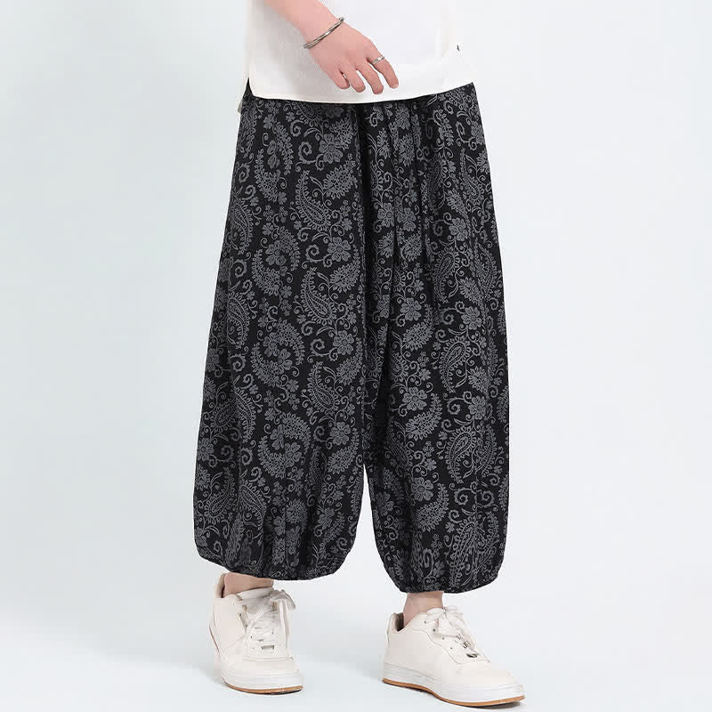 Buddha Stones Sommerliche Boho-Caprihose mit Kordelzug und Paisley-Muster, Herren-Haremshose mit Tasche - Schwarz - US/UK/AU46, EU56 (5XL) - image 6