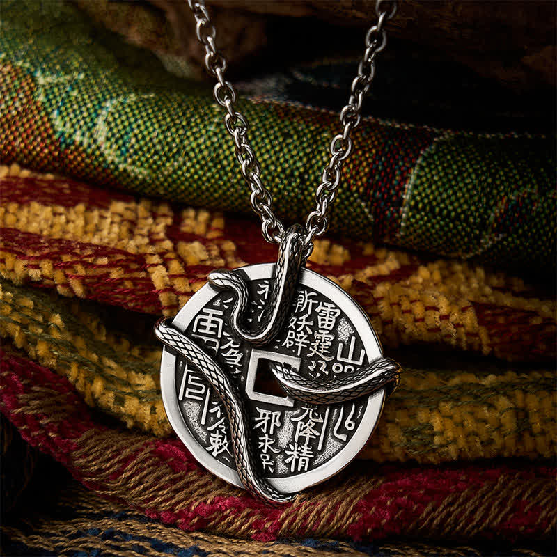 Buddha Stones Kupferplattierte Halskette mit silbernen Berggeistern, die Geld ausgeben, Schlange, die sich um eine Kupfermünze windet - Kupfer (Heilung ♥ Reichtum) - image 0