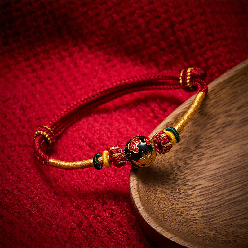 Buddha Stones Kupferdrachenperlen-Armband mit roter Schnur, starkes geflochtenes Armband - Dunkelrote Schnur (Handgelenkumfang: 15–20 cm) - Schwarze Drachenperle - image 0