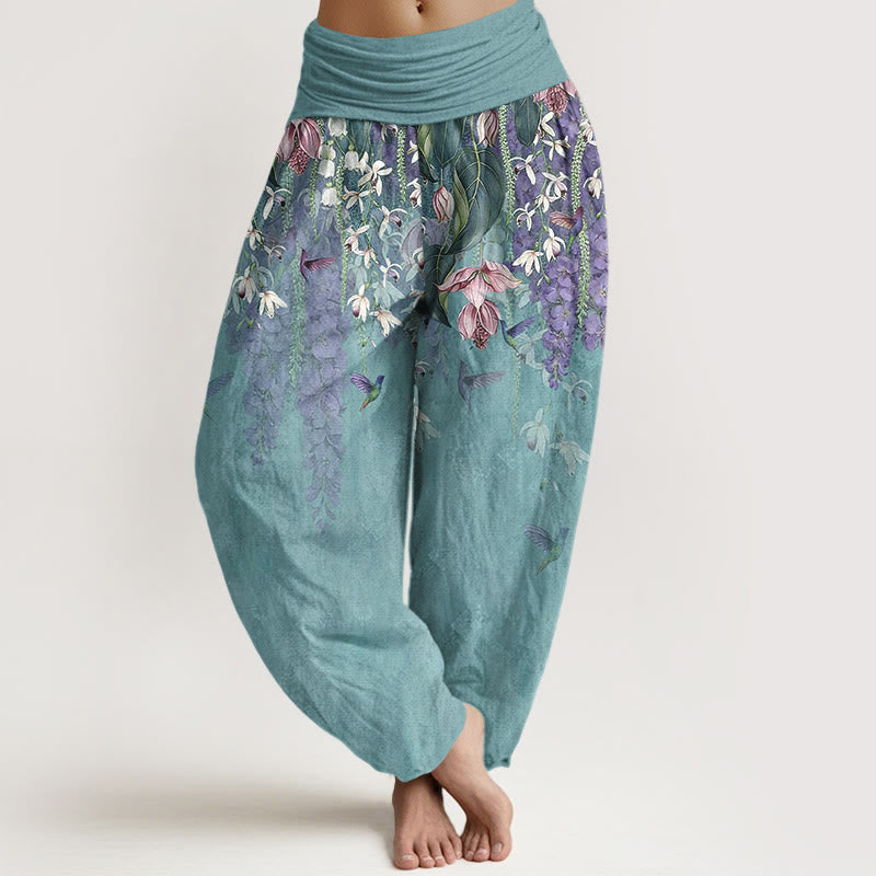 Buddha Stones Damen-Haremshose aus reiner Baumwolle mit Orchideen- und Vogelmuster, elastischer Bund - Mitteltürkis - US16, UK/AU20, EU48 (3XL) - image 0