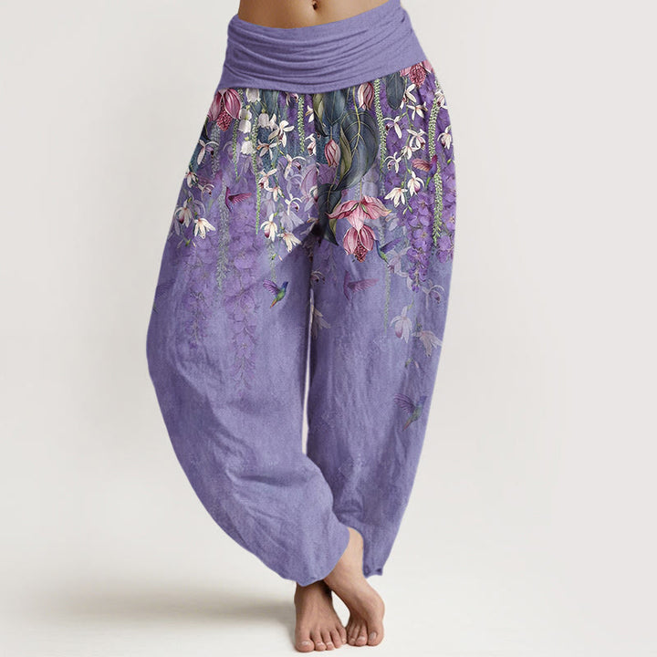 Buddha Stones Damen-Haremshose aus reiner Baumwolle mit Orchideen- und Vogelmuster, elastischer Bund - Mittelviolett - US16, UK/AU20, EU48 (3XL) - image 5