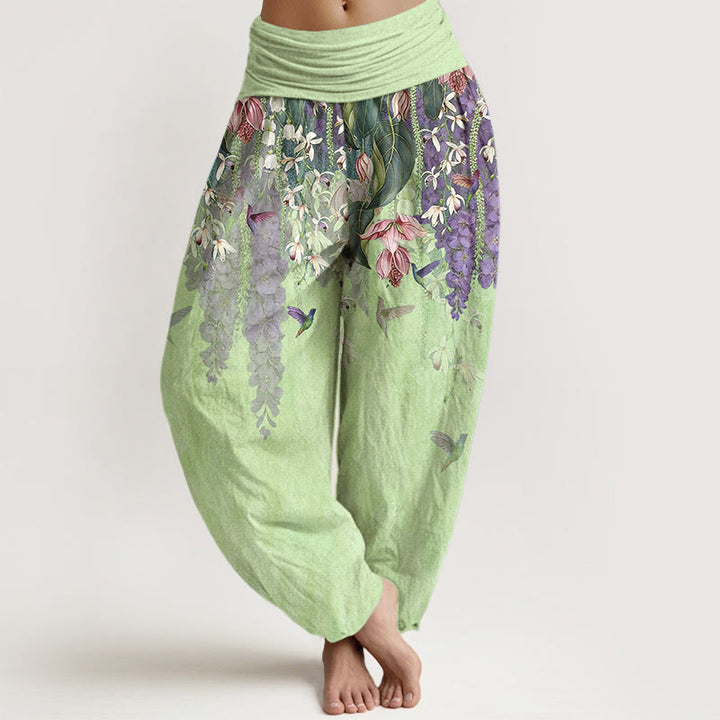 Buddha Stones Damen-Haremshose aus reiner Baumwolle mit Orchideen- und Vogelmuster, elastischer Bund - Honigmelone - US16, UK/AU20, EU48 (3XL) - image 8