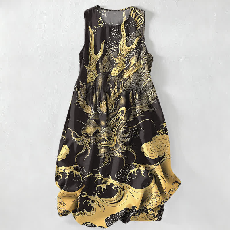 Buddha Stones Lässiges, ärmelloses Midikleid für Damen mit orientalischem Drachen- und Wolkenmuster und Taschen - Schwarz - US16, UK/AU20, EU48 (3XL) - image 0