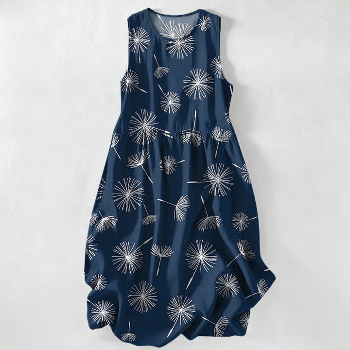 Buddha Stones Lässiges, ärmelloses Midikleid für Damen mit Löwenzahnblütenmuster und Taschen - Marine - US16, UK/AU20, EU48 (3XL) - image 0