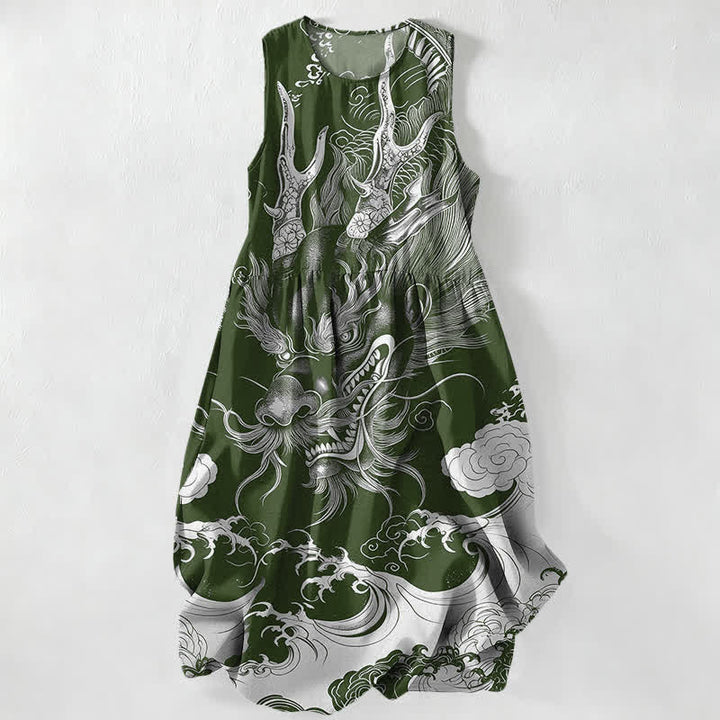 Buddha Stones Lässiges, ärmelloses Midikleid für Damen mit orientalischem Drachen- und Wolkenmuster und Taschen - Dunkelolivgrün - US16, UK/AU20, EU48 (3XL) - image 4