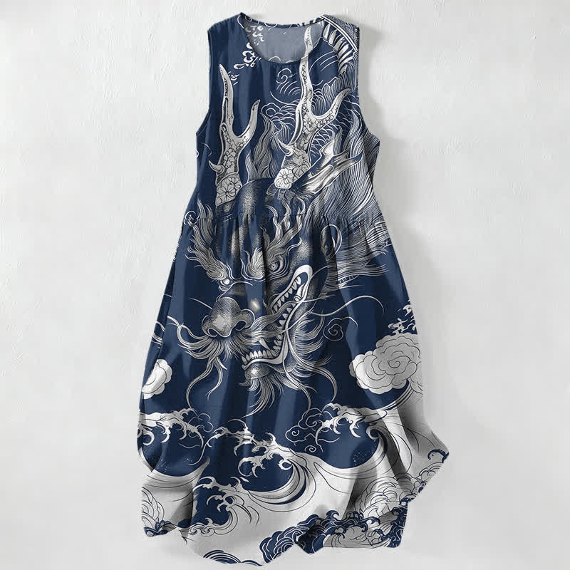 Buddha Stones Lässiges, ärmelloses Midikleid für Damen mit orientalischem Drachen- und Wolkenmuster und Taschen - Marine - US16, UK/AU20, EU48 (3XL) - image 5