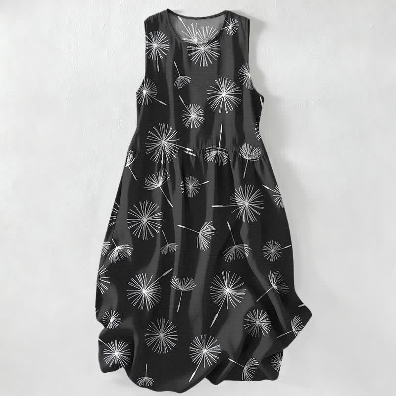 Buddha Stones Lässiges, ärmelloses Midikleid für Damen mit Löwenzahnblütenmuster und Taschen - Schwarz - US16, UK/AU20, EU48 (3XL) - image 4