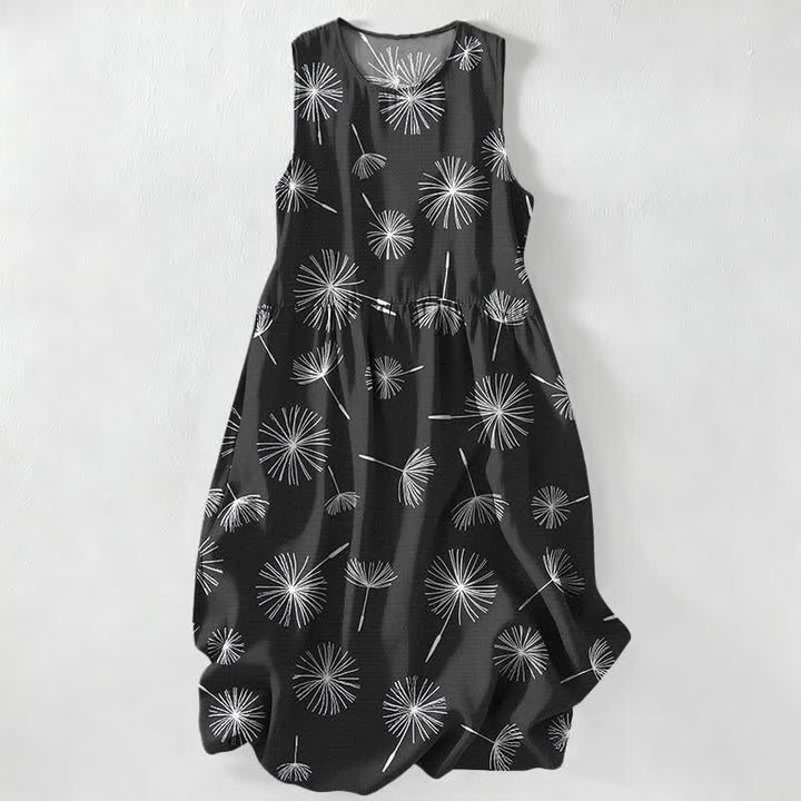 Buddha Stones Lässiges, ärmelloses Midikleid für Damen mit Löwenzahnblütenmuster und Taschen - Schwarz - US16, UK/AU20, EU48 (3XL) - image 4
