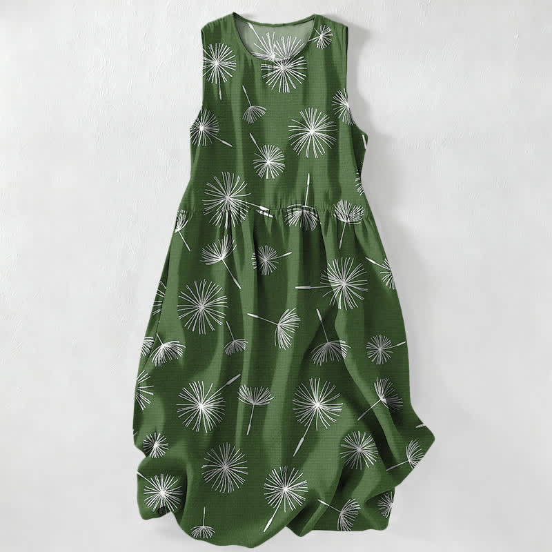 Buddha Stones Lässiges, ärmelloses Midikleid für Damen mit Löwenzahnblütenmuster und Taschen - Olivgrün - US16, UK/AU20, EU48 (3XL) - image 5