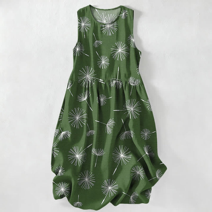 Buddha Stones Lässiges, ärmelloses Midikleid für Damen mit Löwenzahnblütenmuster und Taschen - Olivgrün - US16, UK/AU20, EU48 (3XL) - image 5
