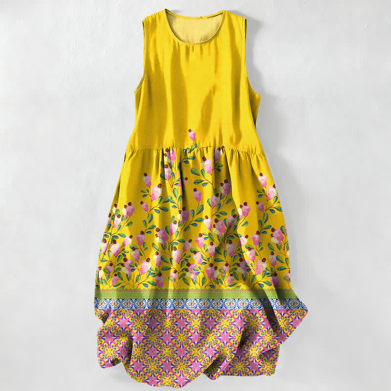 Buddha Stones Lässiges, sommerliches, ärmelloses Midikleid für Damen mit floralem Bordürenmuster und Taschen - Gelb - US16, UK/AU20, EU48 (3XL) - image 0