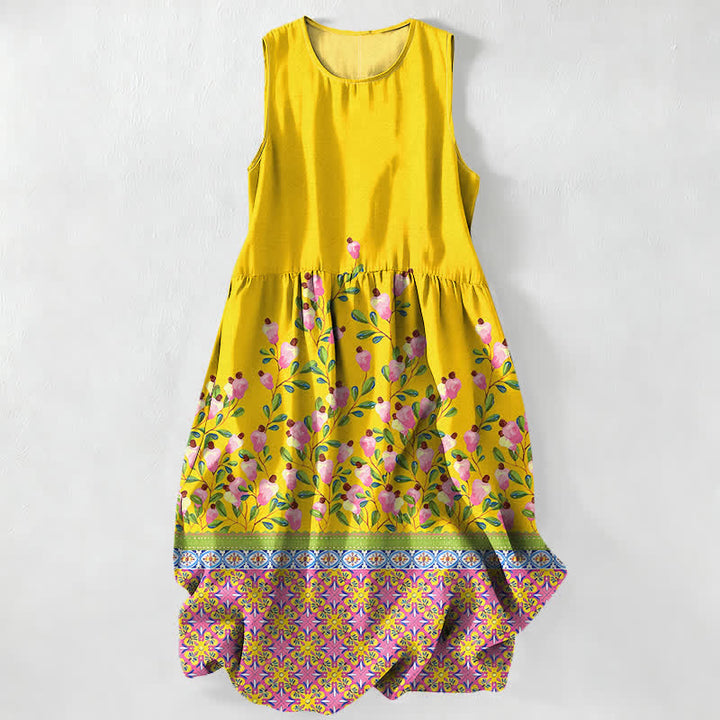 Buddha Stones Lässiges, sommerliches, ärmelloses Midikleid für Damen mit floralem Bordürenmuster und Taschen - Gelb - US16, UK/AU20, EU48 (3XL) - image 0