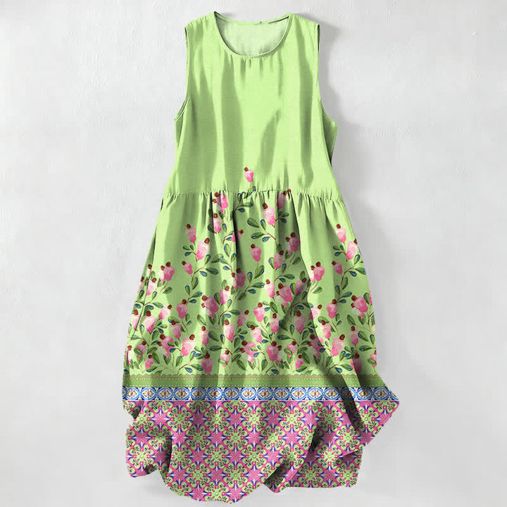 Buddha Stones Lässiges, sommerliches, ärmelloses Midikleid für Damen mit floralem Bordürenmuster und Taschen - Hellgrün - US16, UK/AU20, EU48 (3XL) - image 4