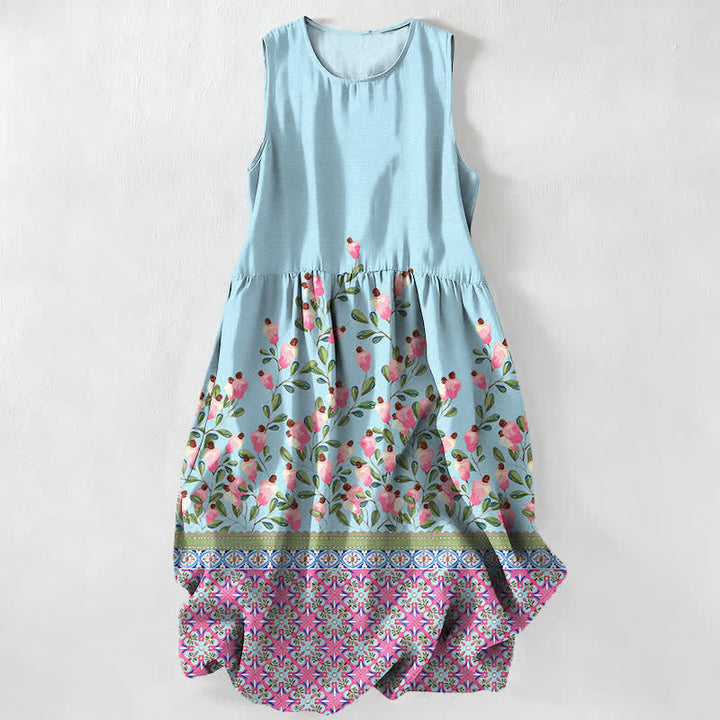 Buddha Stones Lässiges, sommerliches, ärmelloses Midikleid für Damen mit floralem Bordürenmuster und Taschen - Hellblau - US16, UK/AU20, EU48 (3XL) - image 5