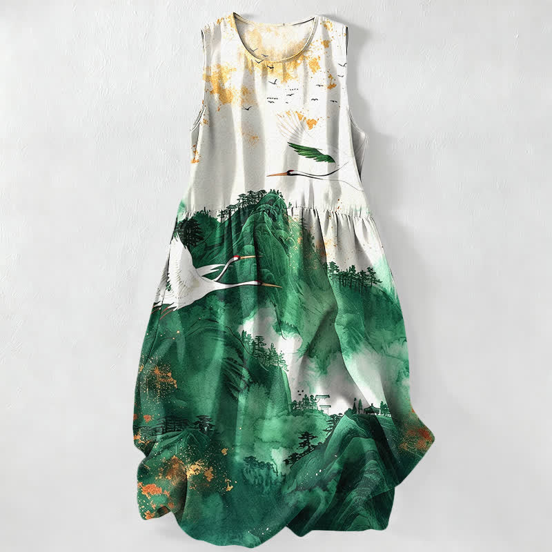 Buddha Stones Sommerliches, lässiges, ärmelloses Midikleid mit Taschen und Landschaftsmuster mit Kranichenmotiv für Damen - Waldgrün - US16, UK/AU20, EU48 (3XL) - image 0