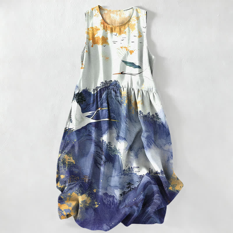 Buddha Stones Sommerliches, lässiges, ärmelloses Midikleid mit Taschen und Landschaftsmuster mit Kranichenmotiv für Damen - SteelBlue - US16, UK/AU20, EU48 (3XL) - image 4