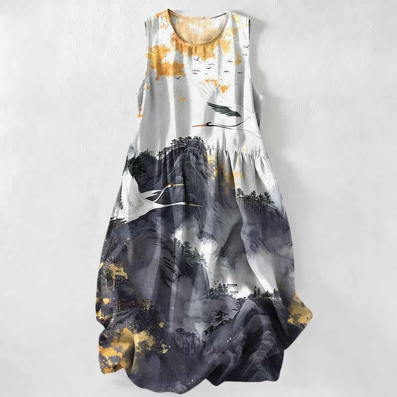Buddha Stones Sommerliches, lässiges, ärmelloses Midikleid mit Taschen und Landschaftsmuster mit Kranichenmotiv für Damen - Schwarz - US16, UK/AU20, EU48 (3XL) - image 8