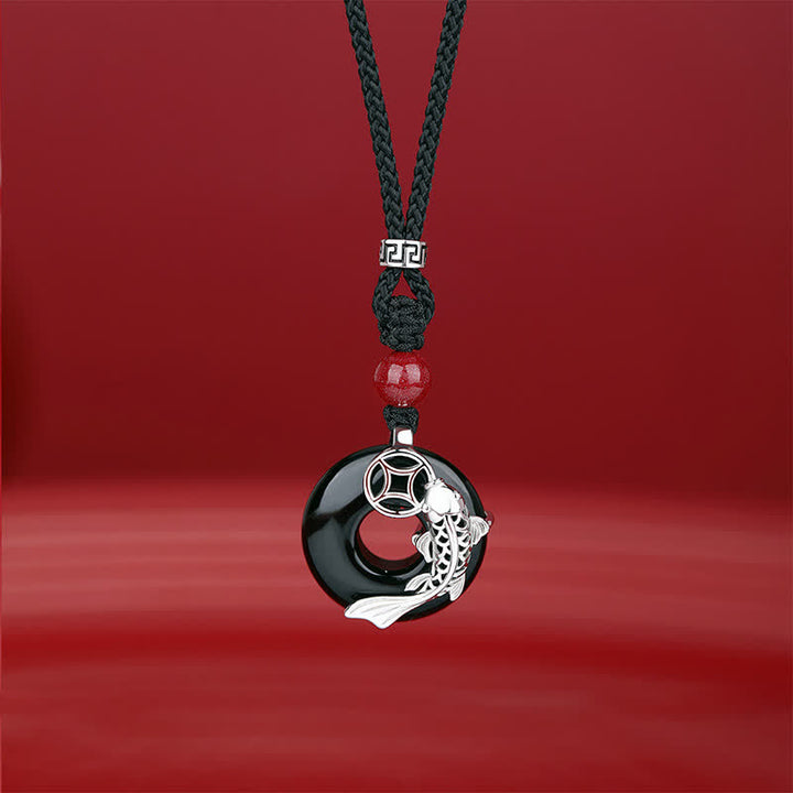 Buddha Stones Jade-Koi-Fisch-Erfolgs-geflochtene kreisförmige Halskette im chinesischen Stil - Schwarzer Onyx (Schutz ♥ Glück) - Silber (Reinheit ♥ Intuition) - image 4