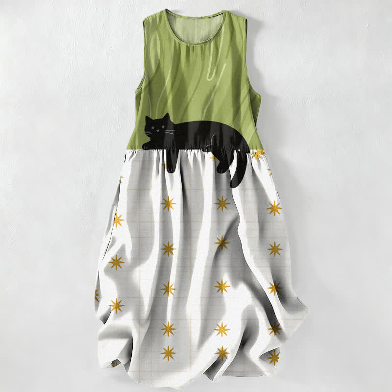 Buddha Stones Lässiges, ärmelloses Midikleid für Damen mit schwarzem Katzen- und Sternenmuster und Taschen - Gelbgrün - US16, UK/AU20, EU48 (3XL) - image 0
