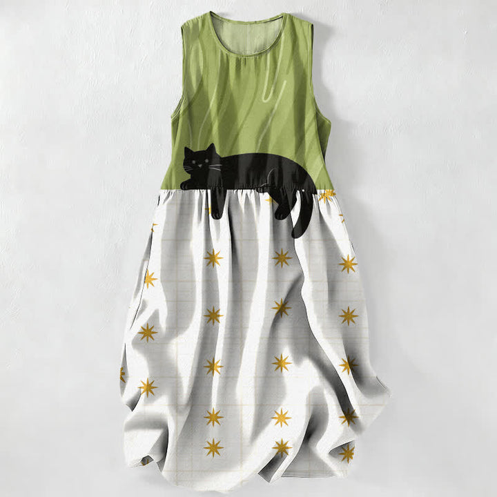 Buddha Stones Lässiges, ärmelloses Midikleid für Damen mit schwarzem Katzen- und Sternenmuster und Taschen - Gelbgrün - US16, UK/AU20, EU48 (3XL) - image 0