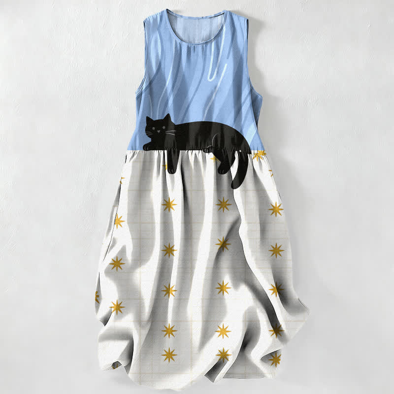 Buddha Stones Lässiges, ärmelloses Midikleid für Damen mit schwarzem Katzen- und Sternenmuster und Taschen - Hellblau - US16, UK/AU20, EU48 (3XL) - image 4