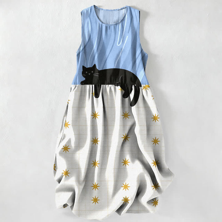Buddha Stones Lässiges, ärmelloses Midikleid für Damen mit schwarzem Katzen- und Sternenmuster und Taschen - Hellblau - US16, UK/AU20, EU48 (3XL) - image 4
