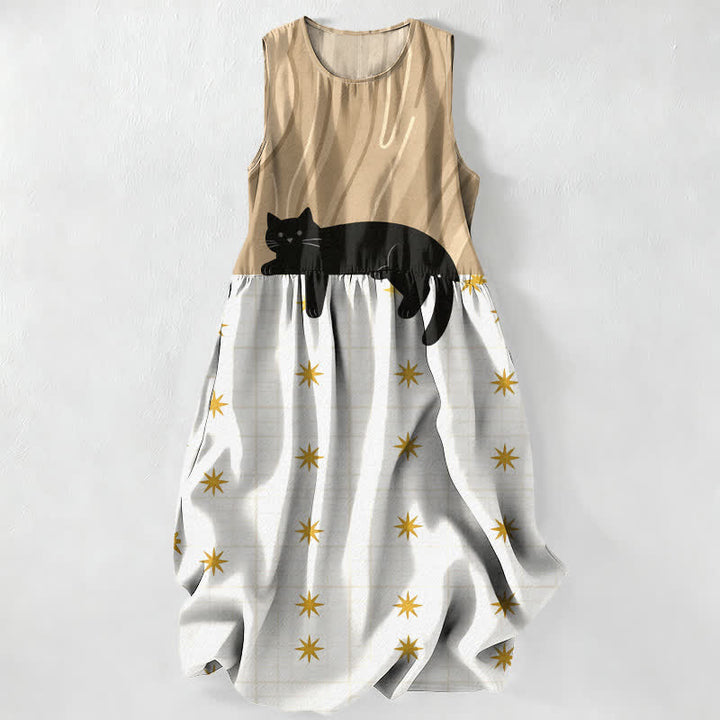Buddha Stones Lässiges, ärmelloses Midikleid für Damen mit schwarzem Katzen- und Sternenmuster und Taschen - Bräunen - US16, UK/AU20, EU48 (3XL) - image 8
