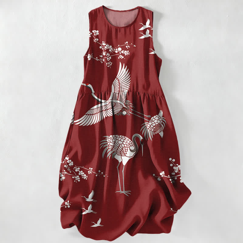 Buddha Stones Lässiges, ärmelloses Midikleid für Damen mit Kranichblütenmuster und Taschen - Kastanienbraun - US16, UK/AU20, EU48 (3XL) - image 0