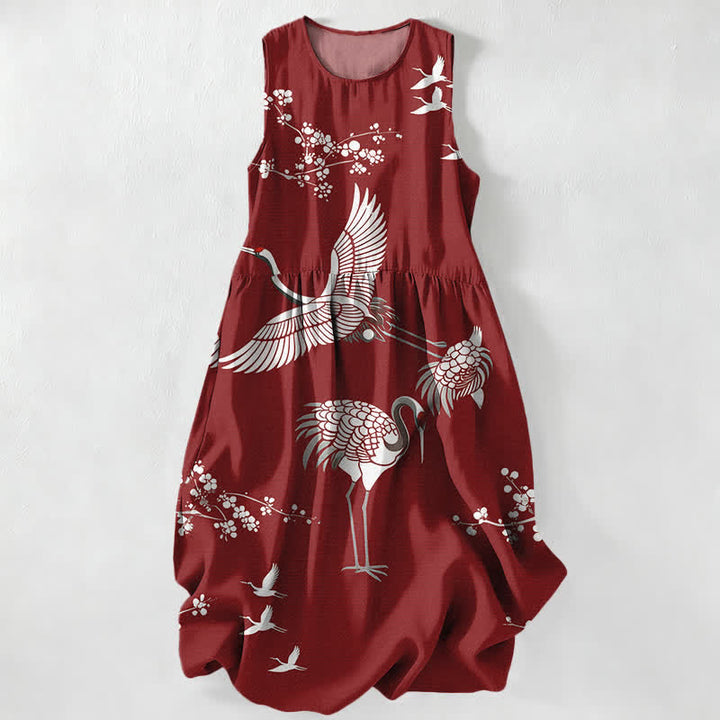 Buddha Stones Lässiges, ärmelloses Midikleid für Damen mit Kranichblütenmuster und Taschen - Kastanienbraun - US16, UK/AU20, EU48 (3XL) - image 0