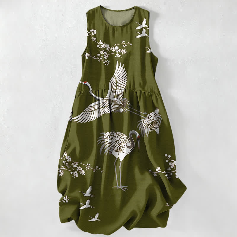 Buddha Stones Lässiges, ärmelloses Midikleid für Damen mit Kranichblütenmuster und Taschen - Olivgrün - US16, UK/AU20, EU48 (3XL) - image 4