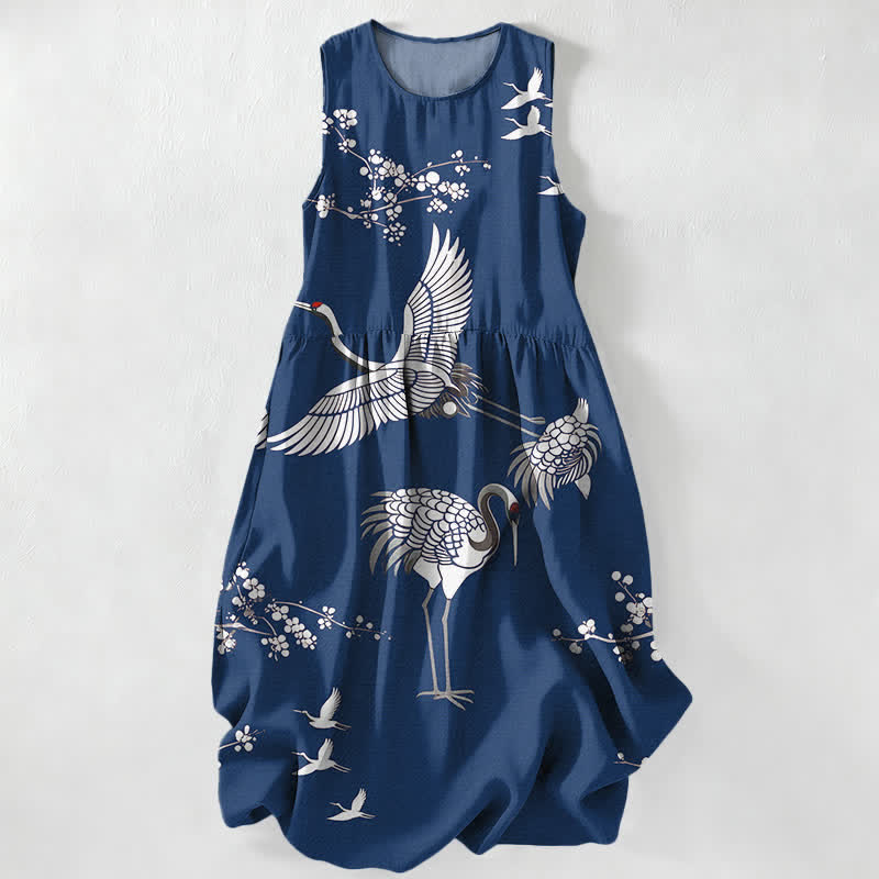 Buddha Stones Lässiges, ärmelloses Midikleid für Damen mit Kranichblütenmuster und Taschen - Marine - US16, UK/AU20, EU48 (3XL) - image 8