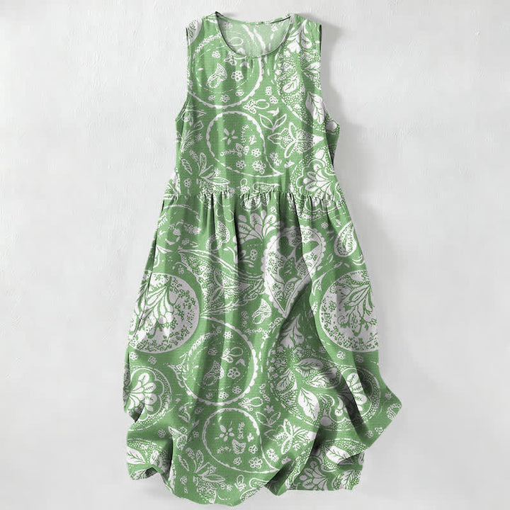 Buddha Stones Lässiges, weißes, ärmelloses Midikleid für Damen mit Medaillon-Blumenmuster und Taschen - Hellgrün - US16, UK/AU20, EU48 (3XL) - image 0