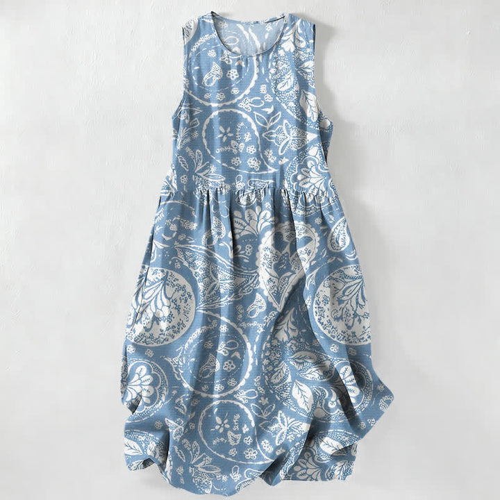 Buddha Stones Lässiges, weißes, ärmelloses Midikleid für Damen mit Medaillon-Blumenmuster und Taschen - Hellblau - US16, UK/AU20, EU48 (3XL) - image 4