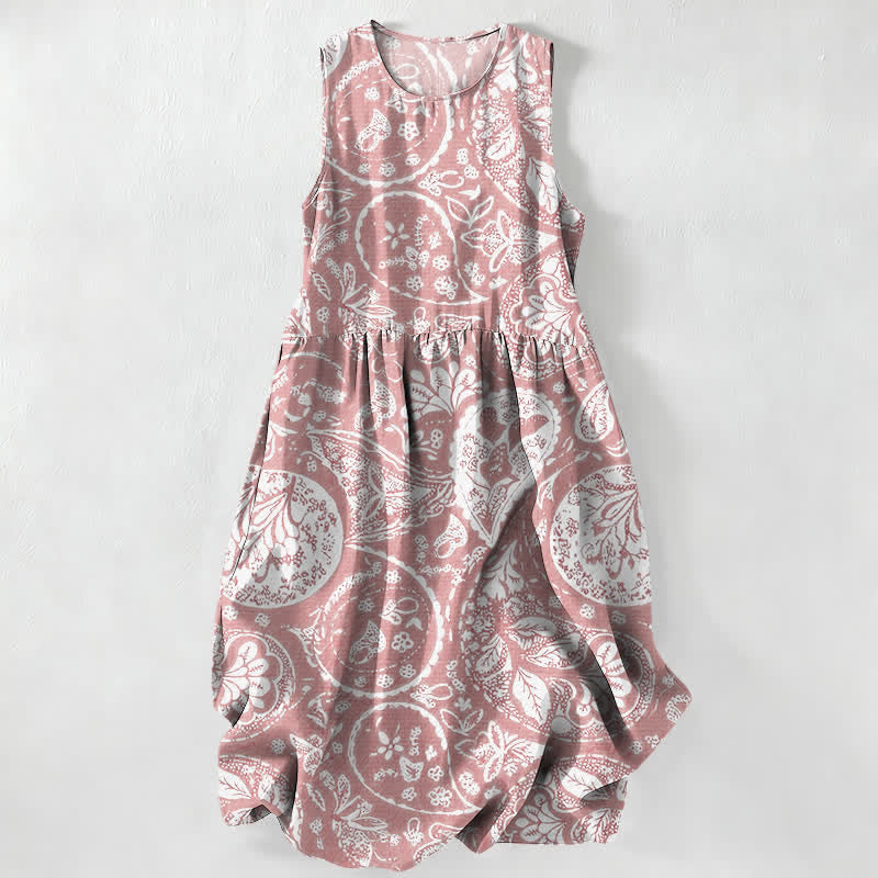 Buddha Stones Lässiges, weißes, ärmelloses Midikleid für Damen mit Medaillon-Blumenmuster und Taschen - Hellrosa - US16, UK/AU20, EU48 (3XL) - image 8